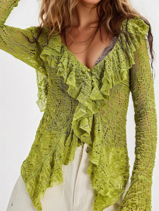 Lace Ruffle V-Neck Blouse Women Lace Top 2026